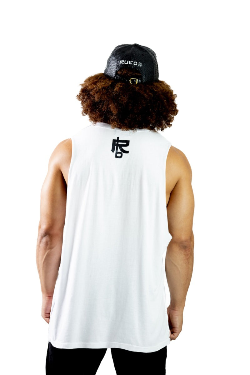 Back view of white sleeveless Focus Tee featuring black Ruko B logo.
